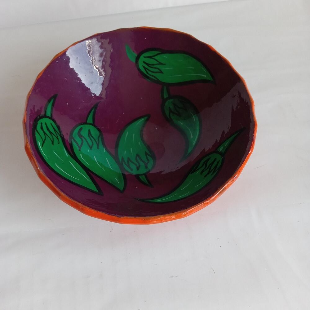 Vintage Mexican Terra Cotta 3-Footed Salsa Bowl 5.5" Orange with Chili Peppers